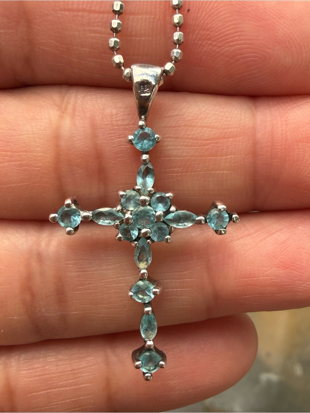 925 16” Sterling Silver Ball Chain Necklace With Blue Quartz Cross Pendant